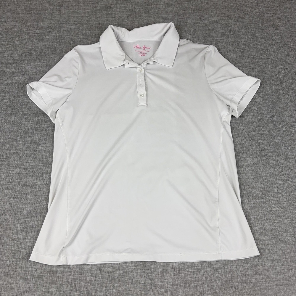 Lillie Green Pulitzer Polo‎ Womens L White Short Sleeve Button Stretch Golf